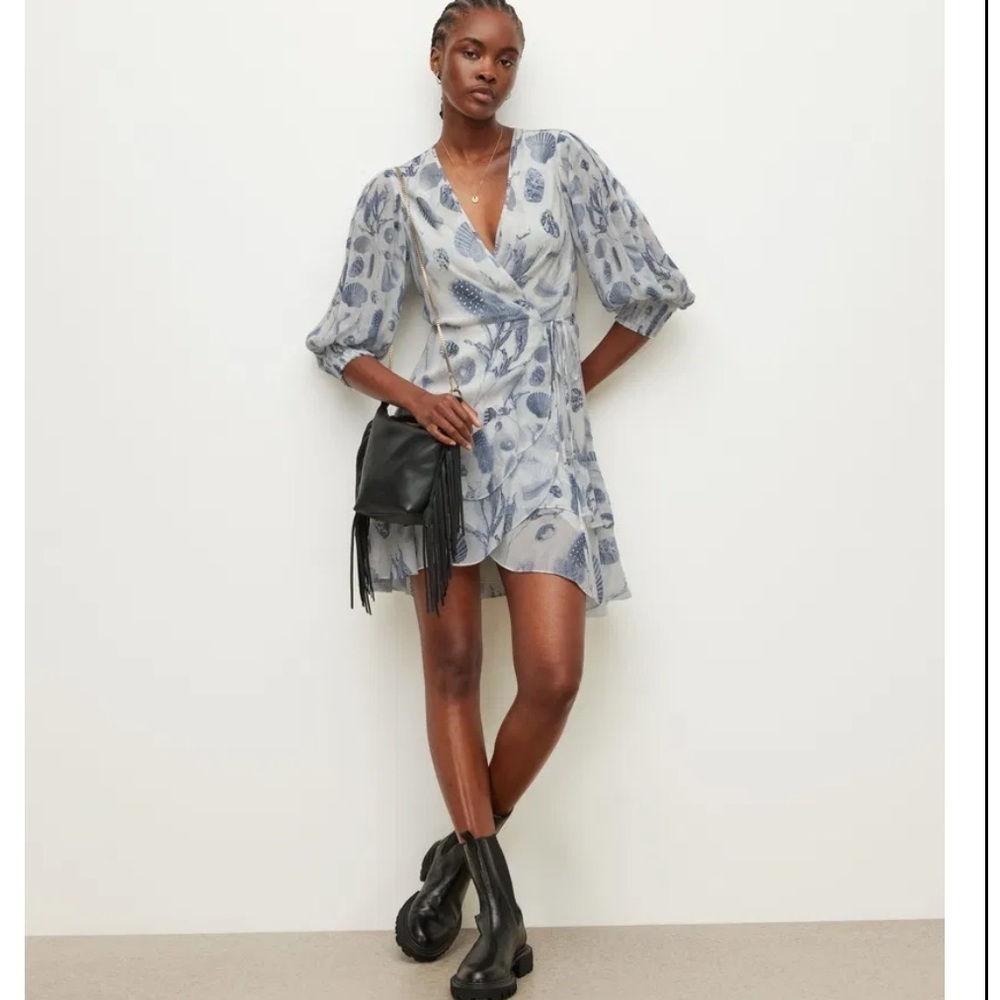 Allsaints Ari Oceano Long Sleeve Wrap Dress  White Blue Shell Beach All Saints